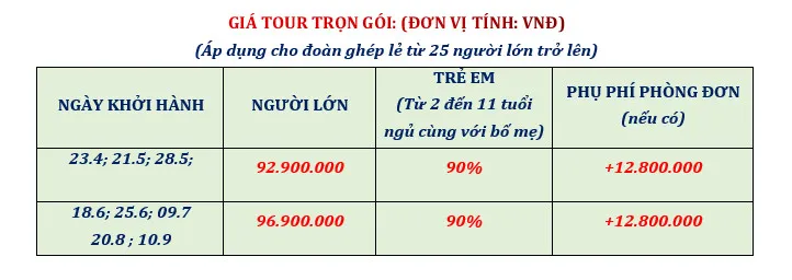 BẢNG GIÁ TOUR ĐÔNG TÂY ÂU 15N 2024