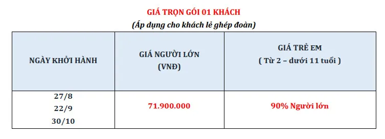 BẢNG GIÁ TOUR CHÂU ÂU 6NC