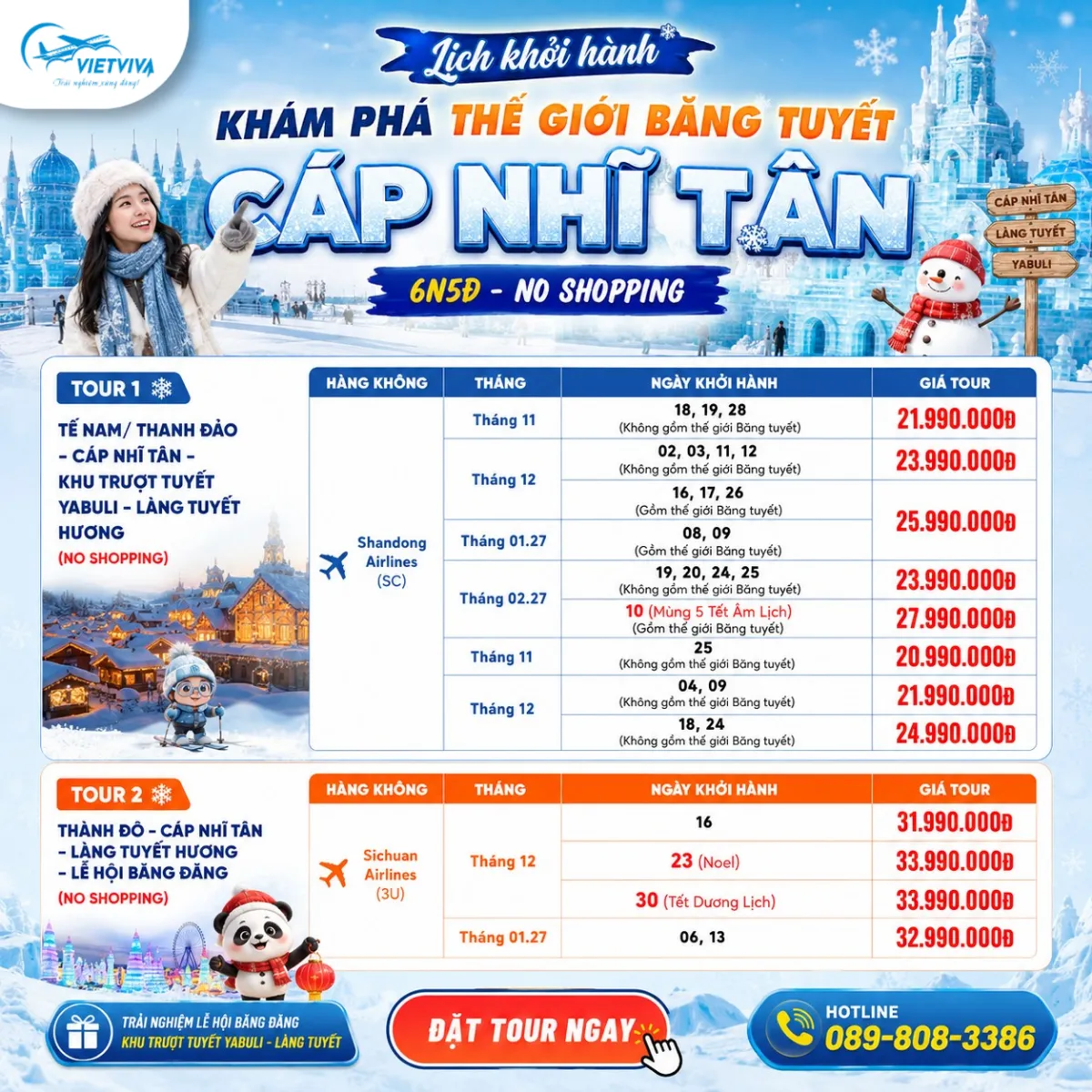 Ảnh lịch khởi hành Cáp Nhĩ Tân 6 ngày 5 đêm của Vietviva: bảng ngày và giá của tour 1 bay Shandong Airlines và tour 2 bay Sichuan Airlines