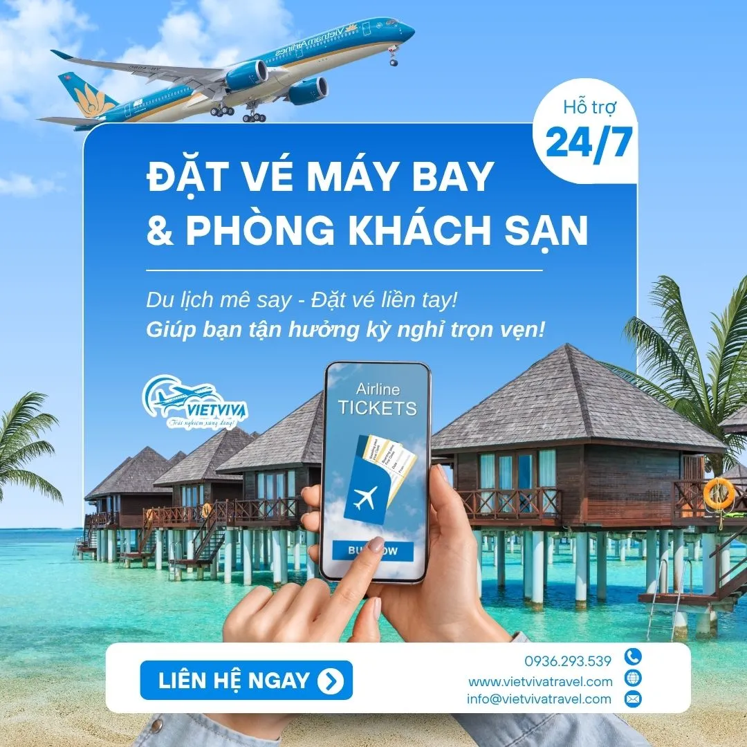 Ảnh dịch vụ đặt vé máy bay và phòng khách sạn của Vietviva, hỗ trợ 24/7, số 0936 293 539